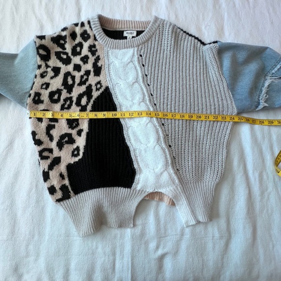 BiBi Mixed Media Patchwork Leopard Knit Sweater Denim Sleeves Asymmetrical Hem S - Picture 9 of 11